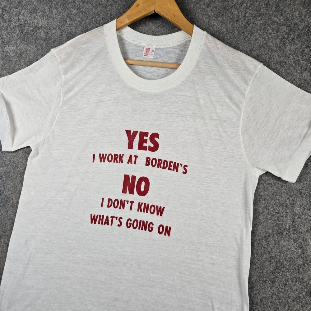 Vintage JCPenney Borden's T-Shirt Mens Large White Graphic Paper Thin 70s 80s